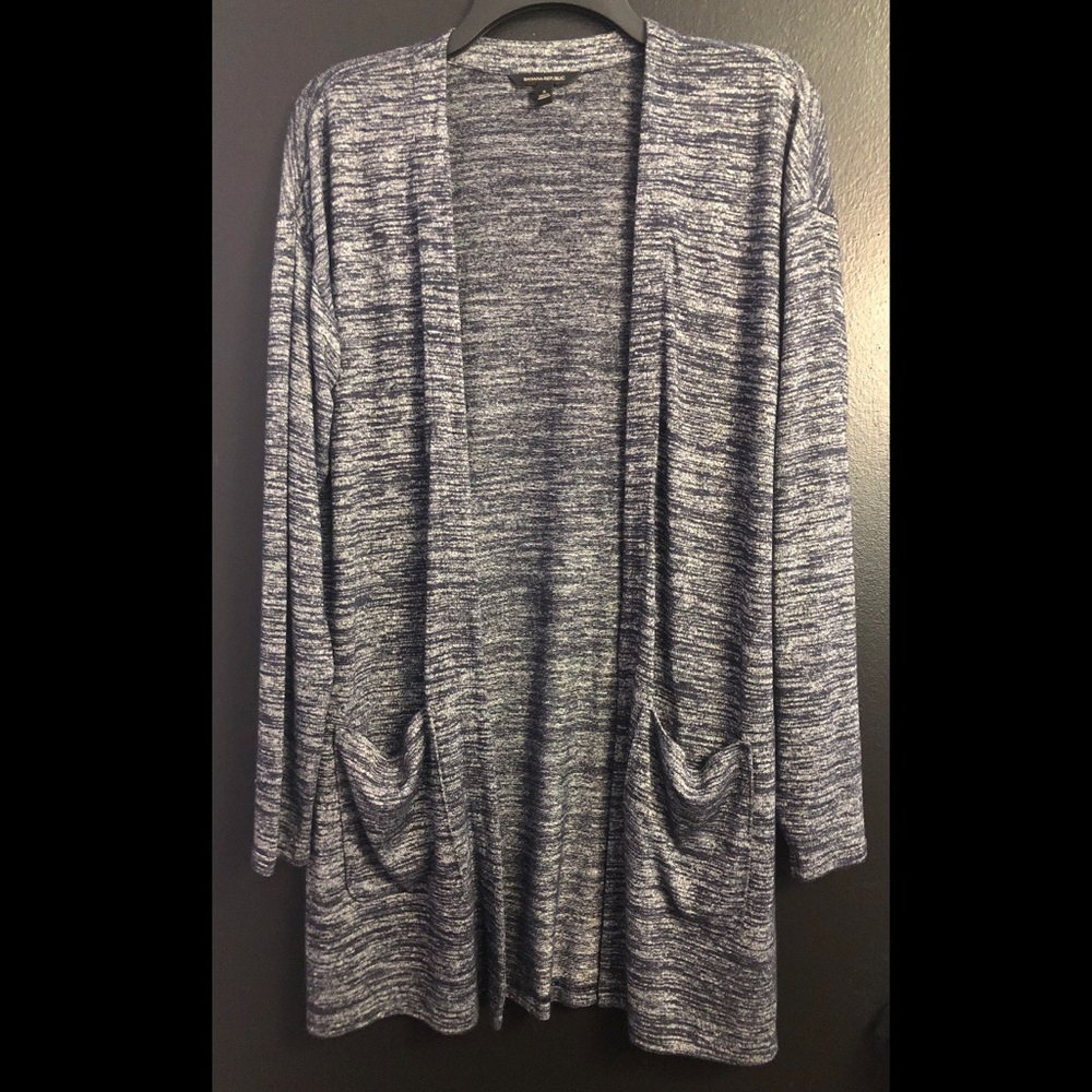 Banana Republic Marled Navy and White Open-Front Cardigan